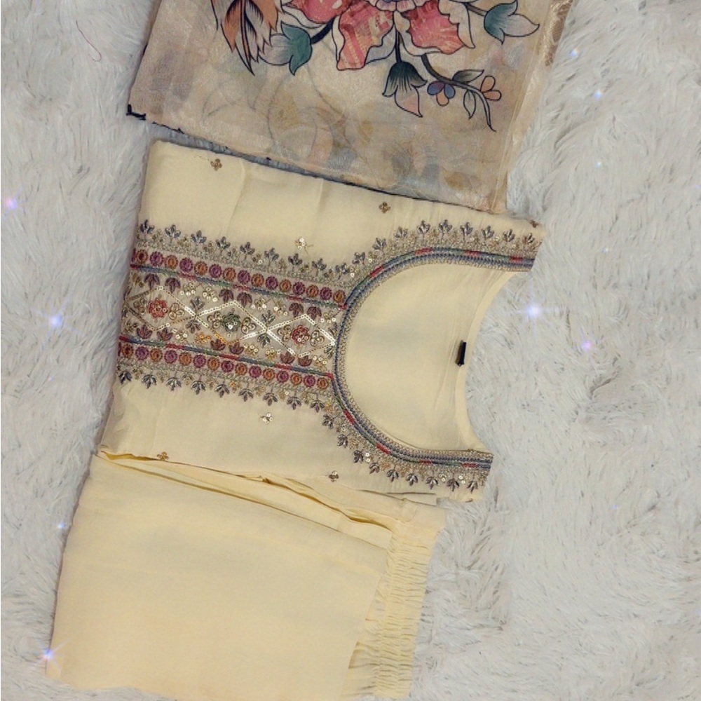 Embroidered Cream Kurta Set